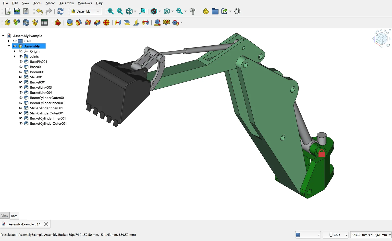 An editable excavator arm assembly open in a CAD workspace