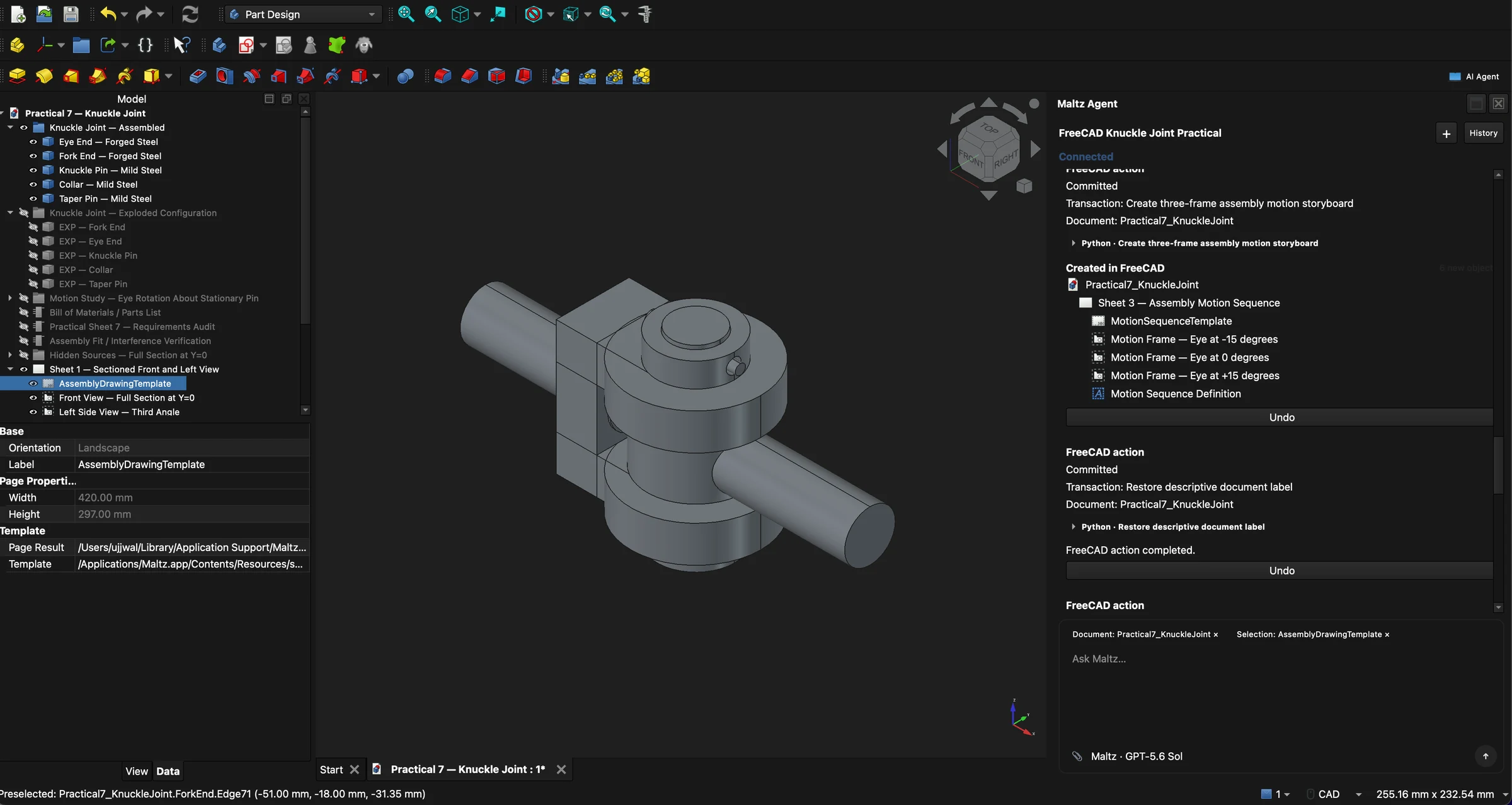 FreeCAD workspace showing a knuckle-joint model, structured document tree, and the Maltz Agent panel with recorded actions and Undo controls